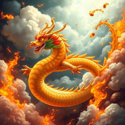 An epic illustration of a dashing sushi dragon, full of dynamic energy, flying through an intense scene of swirling fire and fluffy clouds