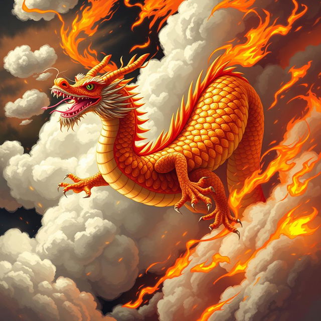 An epic illustration of a dashing sushi dragon, full of dynamic energy, flying through an intense scene of swirling fire and fluffy clouds