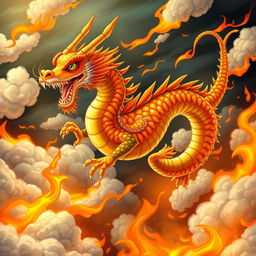 An epic illustration of a dashing sushi dragon, full of dynamic energy, flying through an intense scene of swirling fire and fluffy clouds