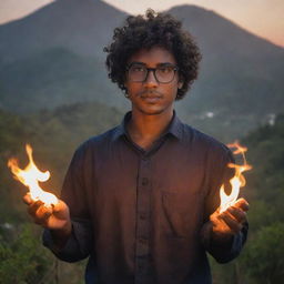 A powerful, dark-skinned man with short curly hair, wearing glasses, standing in a Guatemalan landscape. He is demonstrating his fire manipulation powers, casting a warm, fiery glow around him.