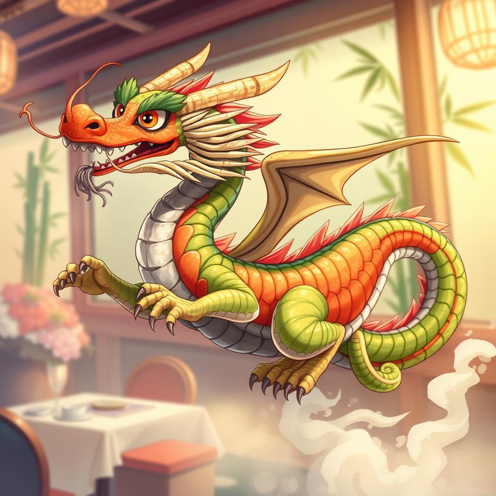 A captivating illustration of a dashing sushi dragon, characterized by its vibrant scales made from various sushi ingredients like salmon, avocado, and seaweed