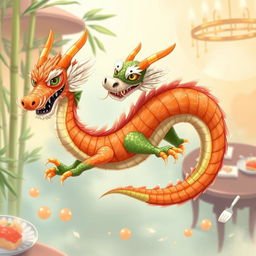 A captivating illustration of a dashing sushi dragon, characterized by its vibrant scales made from various sushi ingredients like salmon, avocado, and seaweed