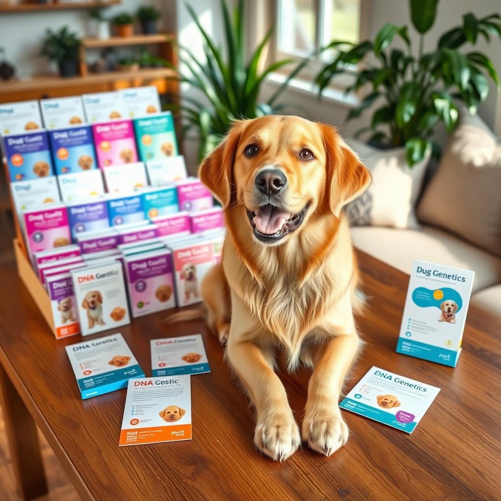 A playful dog sitting on a wooden table, surrounded by colorful DNA test kits and brochures