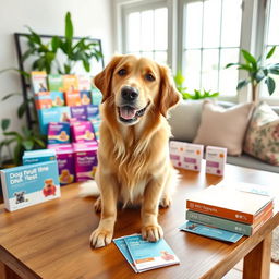 A playful dog sitting on a wooden table, surrounded by colorful DNA test kits and brochures