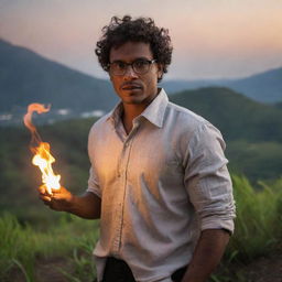 A powerful, dark-skinned man with short curly hair, wearing glasses, standing in a Guatemalan landscape. He is demonstrating his fire manipulation powers, casting a warm, fiery glow around him.