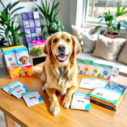 A playful dog sitting on a wooden table, surrounded by colorful DNA test kits and brochures