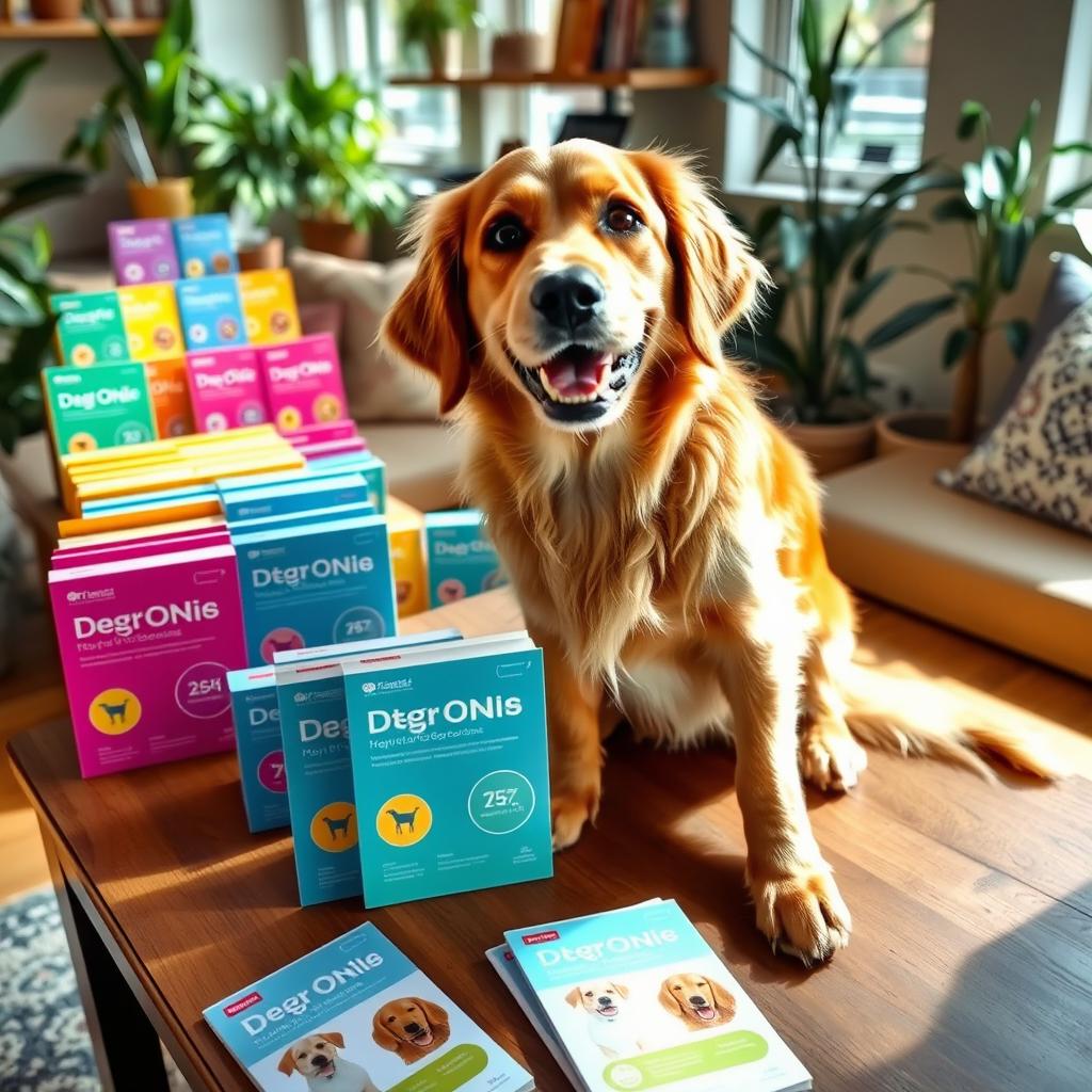 A playful dog sitting on a wooden table, surrounded by colorful DNA test kits and brochures