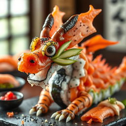 An imaginative depiction of a dragon made entirely from sushi, showcasing various sushi components creatively arranged to form the dragon's body and features