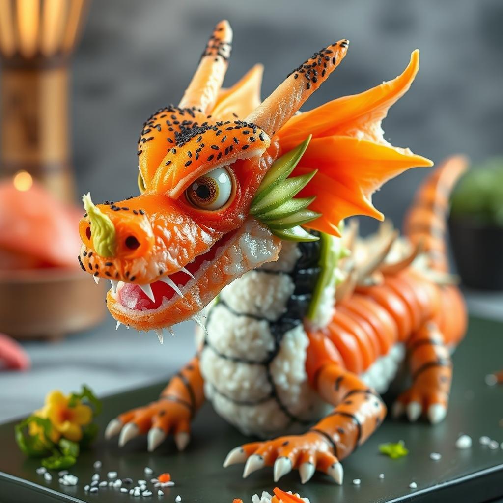 An imaginative depiction of a dragon made entirely from sushi, showcasing various sushi components creatively arranged to form the dragon's body and features