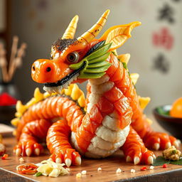 An imaginative depiction of a dragon made entirely from sushi, showcasing various sushi components creatively arranged to form the dragon's body and features