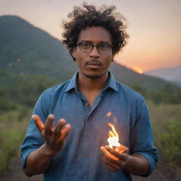 A powerful, dark-skinned man with short curly hair, wearing glasses, standing in a Guatemalan landscape. He is demonstrating his fire manipulation powers, casting a warm, fiery glow around him.