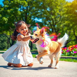 A wide-screen image of a young girl joyfully playing with a playful dog in a sunlit park