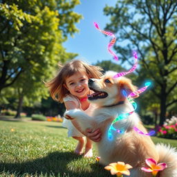 A wide-screen image of a young girl joyfully playing with a playful dog in a sunlit park