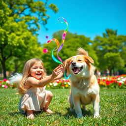 A wide-screen image of a young girl joyfully playing with a playful dog in a sunlit park