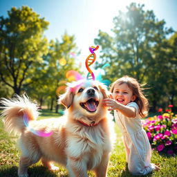 A wide-screen image of a young girl joyfully playing with a playful dog in a sunlit park