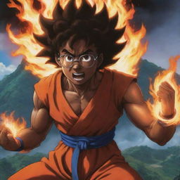 An intense scene of a dark-skinned man with short curly hair and glasses morphing fire in his hands, engaged in an epic battle with Goku in a spectacular Guatemalan landscape, all in the vivid style of anime.