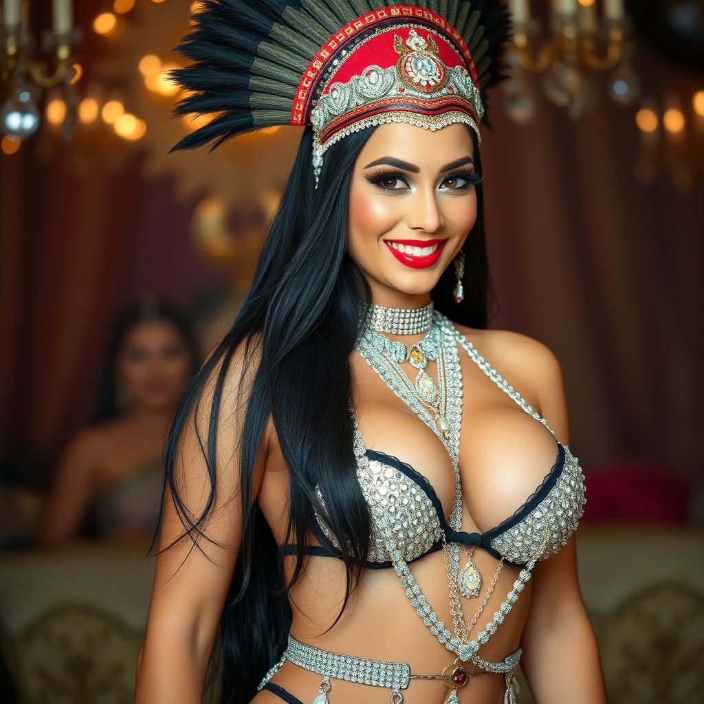 A stunning showgirl with long black hair, perfectly styled and complemented by nice makeup that accentuates her beautiful, seductive eyes