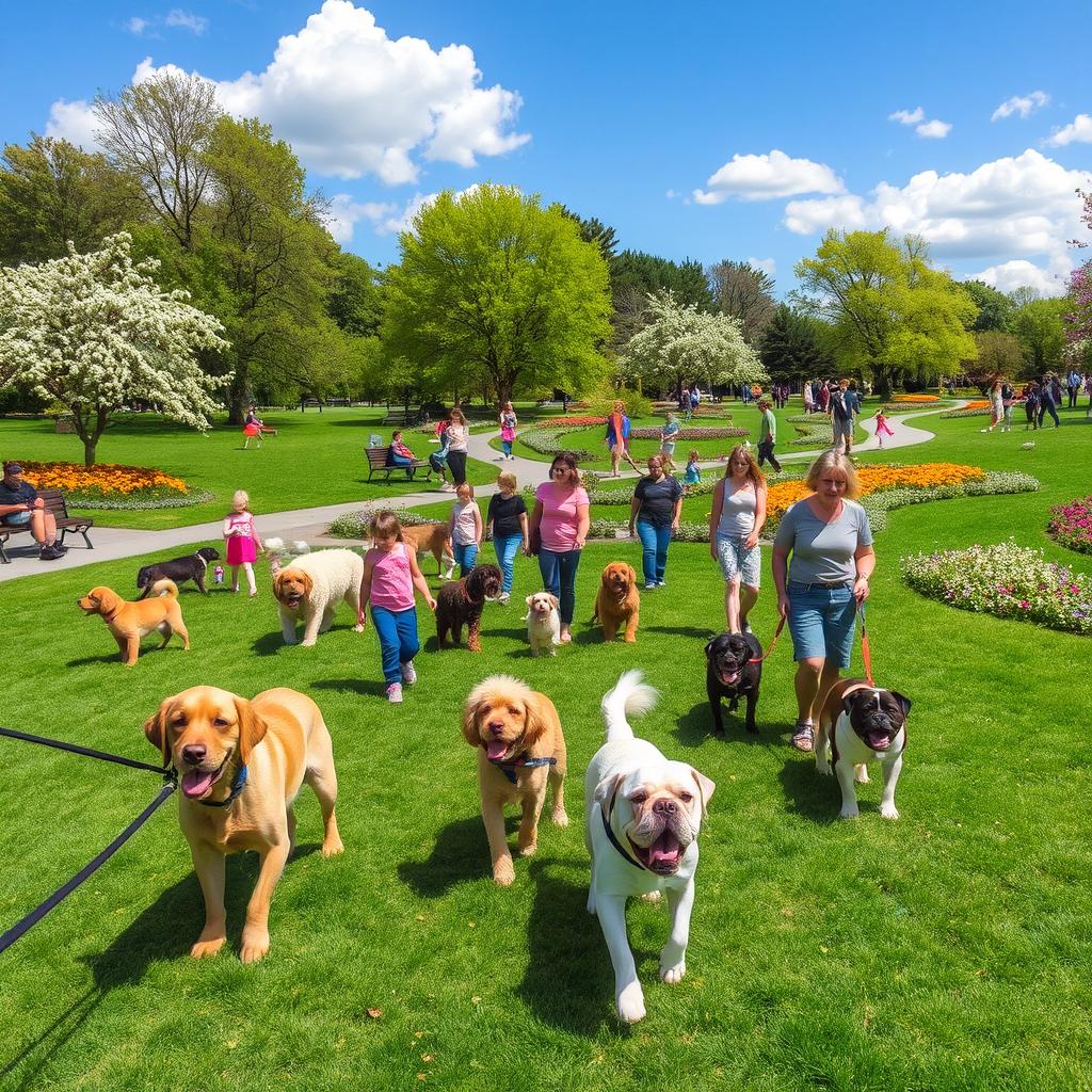 A vibrant park scene filled with people walking their dogs on leashes, showcasing a variety of breeds such as golden retrievers, poodles, and bulldogs