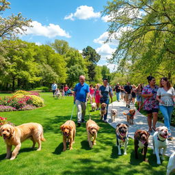 A vibrant park scene filled with people walking their dogs on leashes, showcasing a variety of breeds such as golden retrievers, poodles, and bulldogs