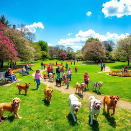 A vibrant park scene filled with people walking their dogs on leashes, showcasing a variety of breeds such as golden retrievers, poodles, and bulldogs