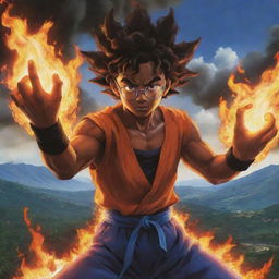 An intense scene of a dark-skinned man with short curly hair and glasses morphing fire in his hands, engaged in an epic battle with Goku in a spectacular Guatemalan landscape, all in the vivid style of anime.