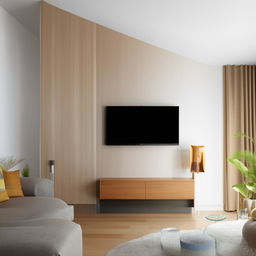 A 12x20 feet living room layout design, with a sleek TV unit on the shorter wall and cozy sofas lined up along the longer wall. The room displays an efficient use of space, maintaining a comfortable, modern appeal.