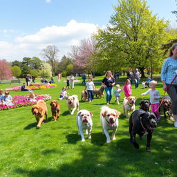 A vibrant park scene filled with people walking their dogs on leashes, showcasing a variety of breeds such as golden retrievers, poodles, and bulldogs