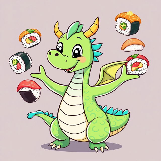 A whimsical and colorful illustration suitable for a t-shirt design featuring a playful dragon happily juggling various sushi rolls