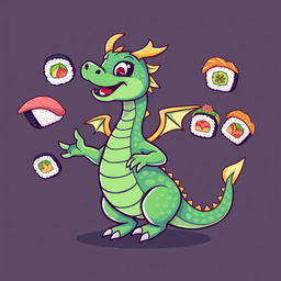 A whimsical and colorful illustration suitable for a t-shirt design featuring a playful dragon happily juggling various sushi rolls