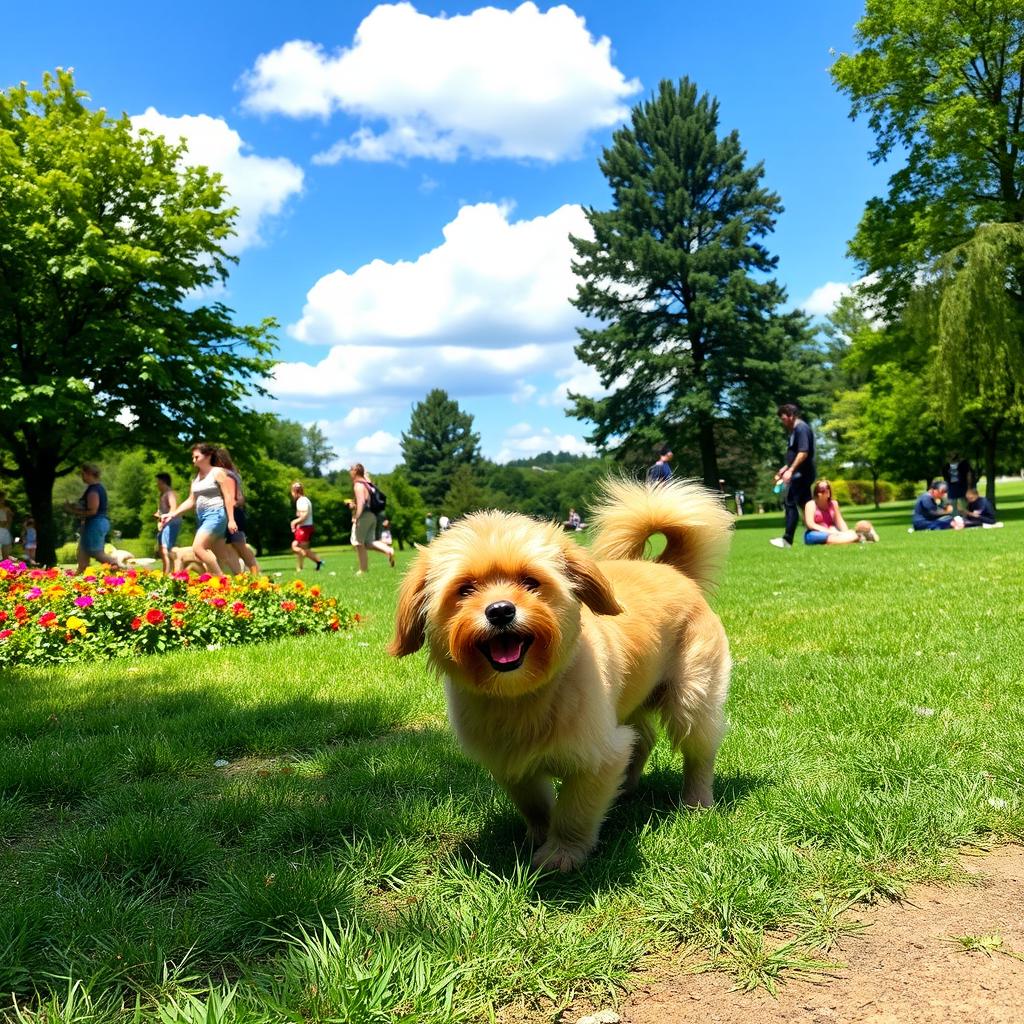 A playful scene in a park featuring a cute dog doing its business on a patch of grass