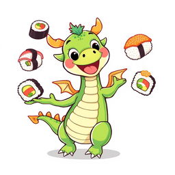 A whimsical and colorful illustration suitable for a t-shirt design featuring a playful dragon happily juggling various sushi rolls