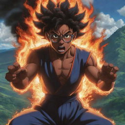 An intense scene of a dark-skinned man with short curly hair and glasses morphing fire in his hands, engaged in an epic battle with Goku in a spectacular Guatemalan landscape, all in the vivid style of anime.