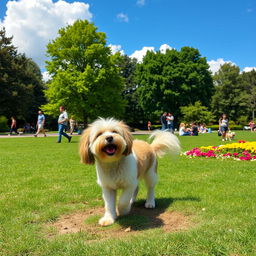 A playful scene in a park featuring a cute dog doing its business on a patch of grass