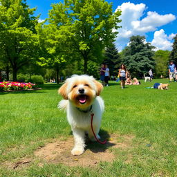 A playful scene in a park featuring a cute dog doing its business on a patch of grass