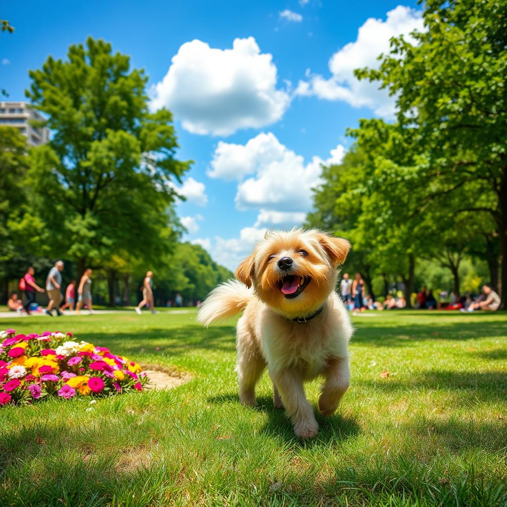 A playful scene in a park featuring a cute dog doing its business on a patch of grass