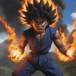 An intense scene of a dark-skinned man with short curly hair and glasses morphing fire in his hands, engaged in an epic battle with Goku in a spectacular Guatemalan landscape, all in the vivid style of anime.