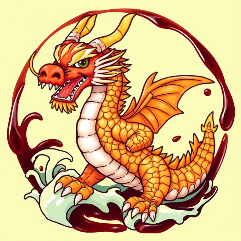 A vibrant and artistic t-shirt design featuring a cool dragon made of sushi rolls