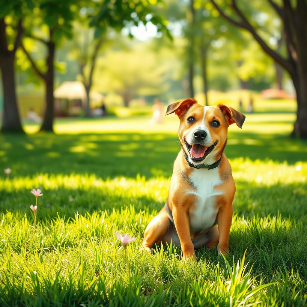 A playful scene in a green park where a dog is sitting on the grass, with a cute expression on its face