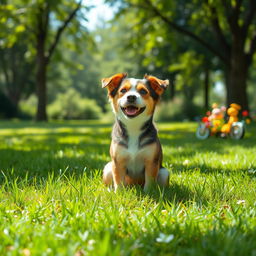 A playful scene in a green park where a dog is sitting on the grass, with a cute expression on its face