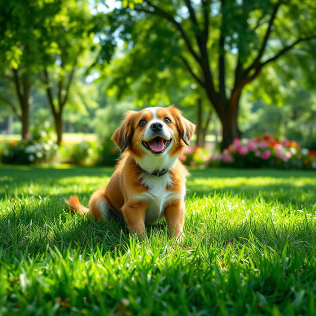 A playful scene in a green park where a dog is sitting on the grass, with a cute expression on its face