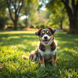 A playful scene in a green park where a dog is sitting on the grass, with a cute expression on its face