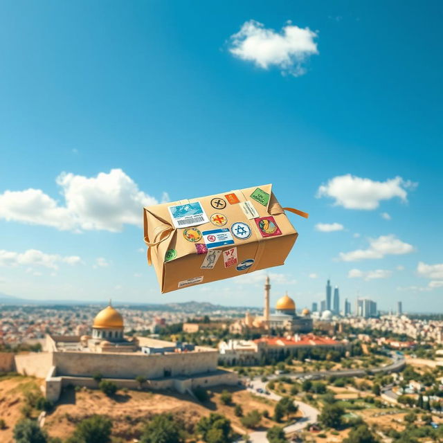 A vibrant scene depicting a package soaring through a clear blue sky above the beautiful landscapes of Israel