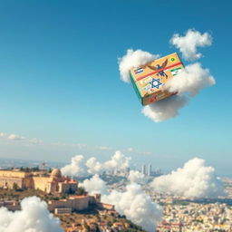 A vibrant scene depicting a package soaring through a clear blue sky above the beautiful landscapes of Israel