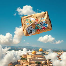 A vibrant scene depicting a package soaring through a clear blue sky above the beautiful landscapes of Israel