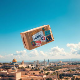 A vibrant scene depicting a package soaring through a clear blue sky above the beautiful landscapes of Israel