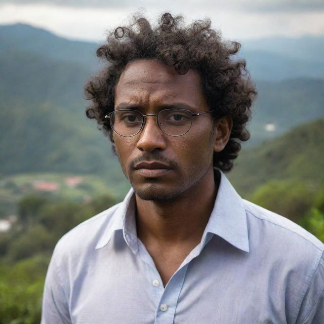 A strong yet sensitive, dark-skinned man with short, curly hair and glasses, channeling his psychic powers amidst the breathtaking Guatemalan landscape. He's deeply emotional, tears streaming down his face, adding depth to his character.