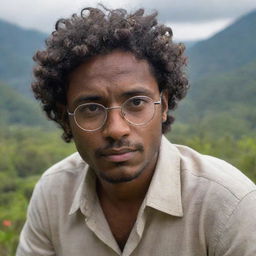 A strong yet sensitive, dark-skinned man with short, curly hair and glasses, channeling his psychic powers amidst the breathtaking Guatemalan landscape. He's deeply emotional, tears streaming down his face, adding depth to his character.