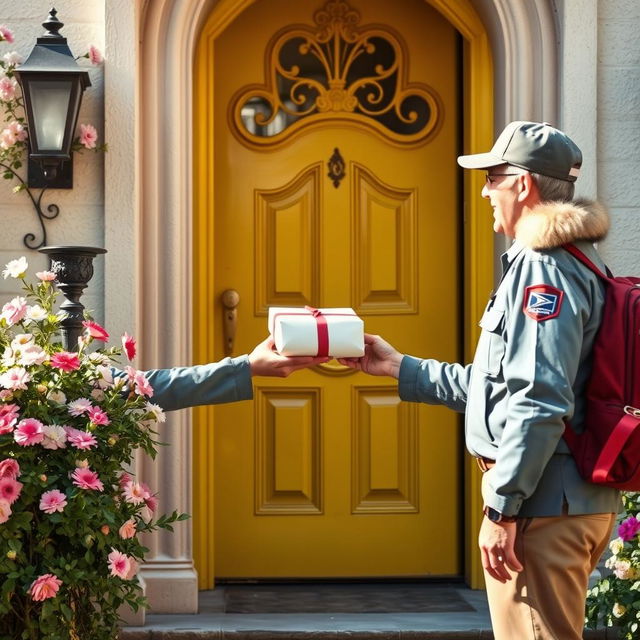 A scene capturing a mail carrier handing over a package at a charming, welcoming door