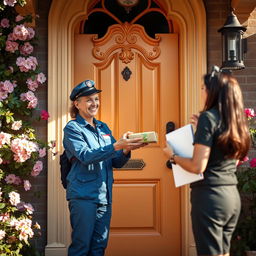 A scene capturing a mail carrier handing over a package at a charming, welcoming door