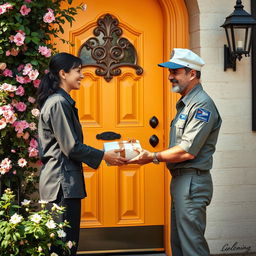 A scene capturing a mail carrier handing over a package at a charming, welcoming door